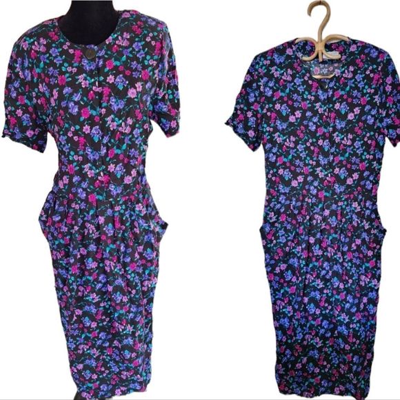4 for $32  vintage 80s black and purple floral dress - Picture 2 of 5
